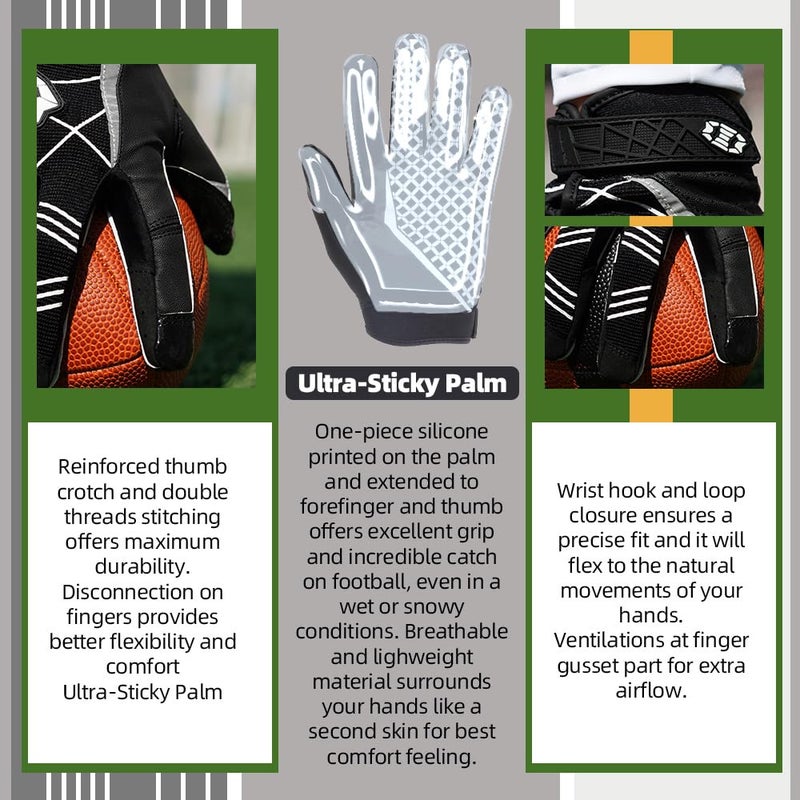 Seibertron Pro 3.0 Elite Ultra-Stick Sports Receiver Glove Football Gloves Youth and Adult (Black, M) - Image 4